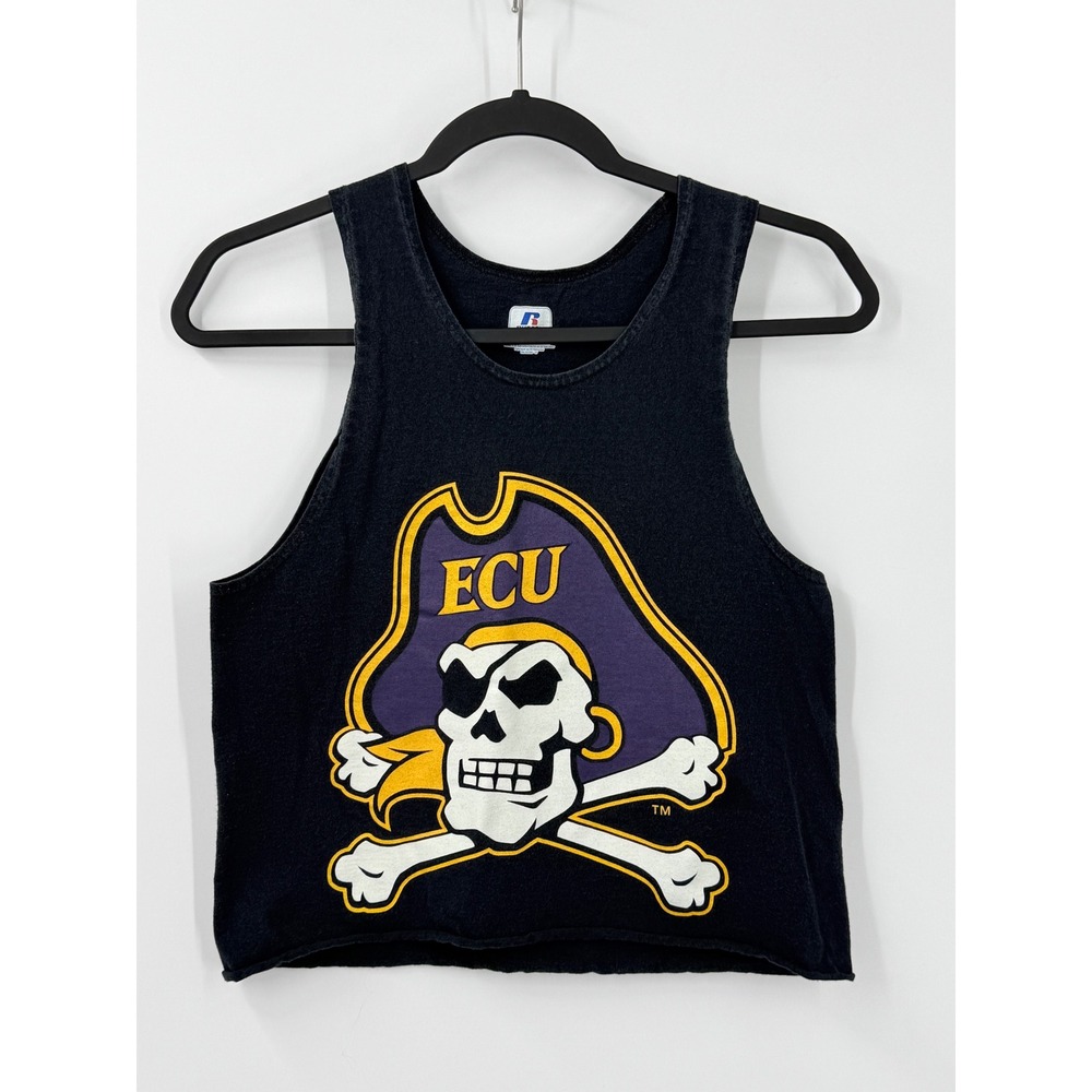 Vtg Russell Athletic ECU Pirates Tank Top customized womens sz S cropped Raw Hem